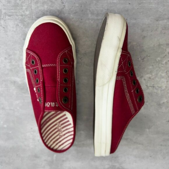 Taos EZ Soul Red Canvas Slip-On Flat Comfort Mule Sneaker Shoes Womens - Picture 5 of 9
